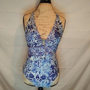 Azura Blue & White Floral Plunging Neckline Halter One-Piece Swimsuit Size 8